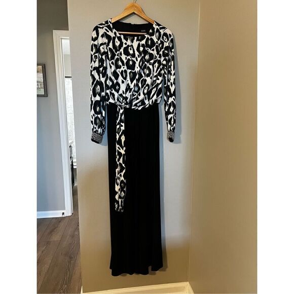 MSK Women’s Size Small Wide Leg Jumpsuit Black White Animal Print Tie Waist - Picture 2 of 12